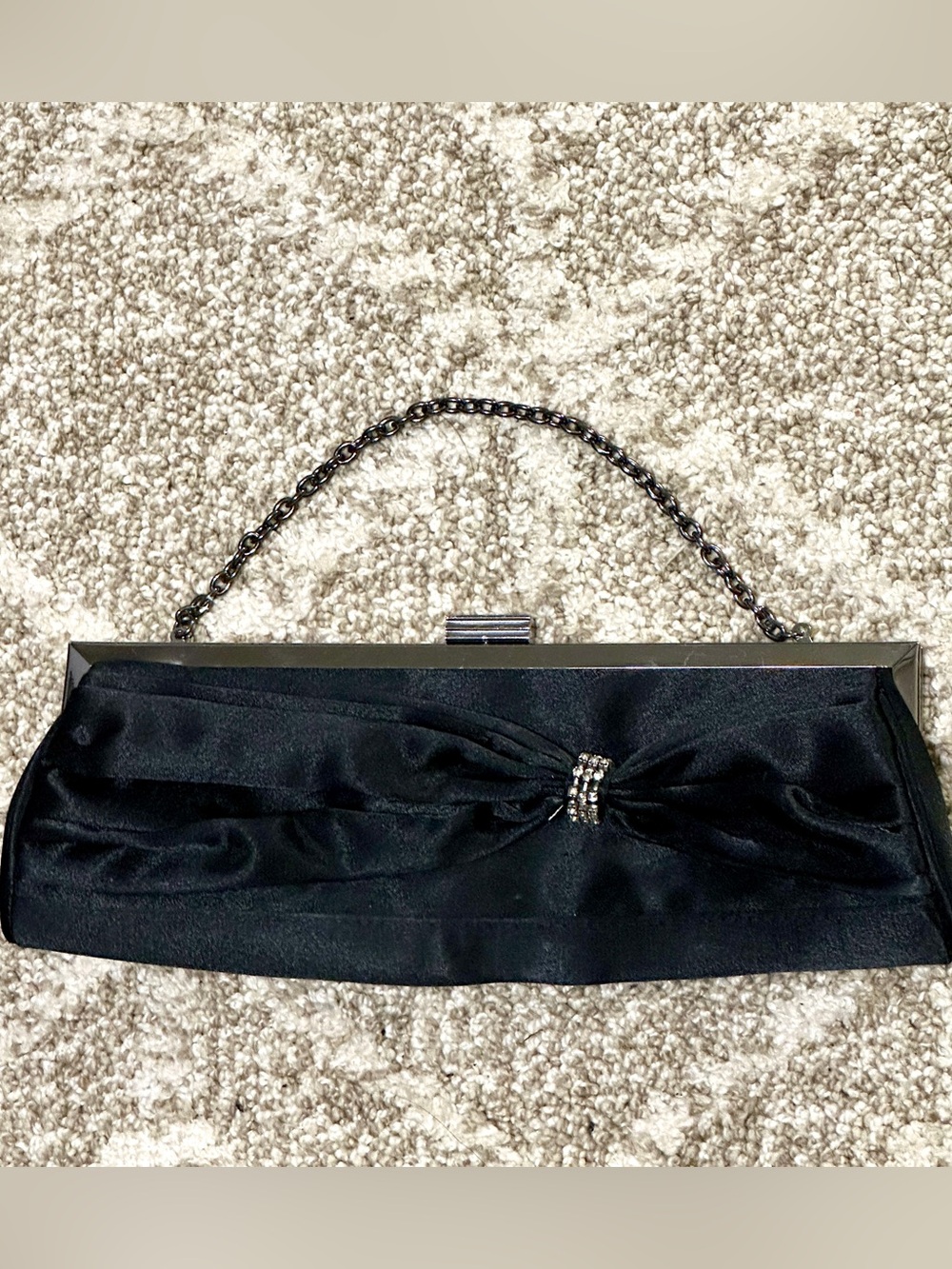 Clutch purse Vintage style bow, chain strap, black satin rhinestones formal glam